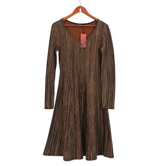 Peruvian Connection Dress S Shimmery Gold Fit Flare Long Sleeve V Neck NEW Chic - Picture 5 of 13